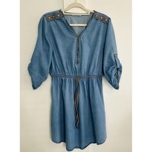 Speed Control New York Chambray Cotton Dress M Blue Zip Front 3/4 Roll TabSleeve